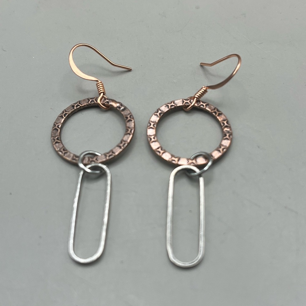 Boho Copper Hoop & Silver Tone Rectangle Drop Dangle Earrings